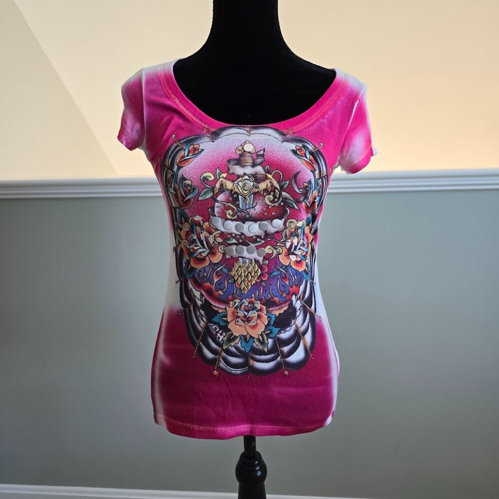 Boston Proper Fire Rose Multi Color Tee Metallic Studs Size Small NWOT